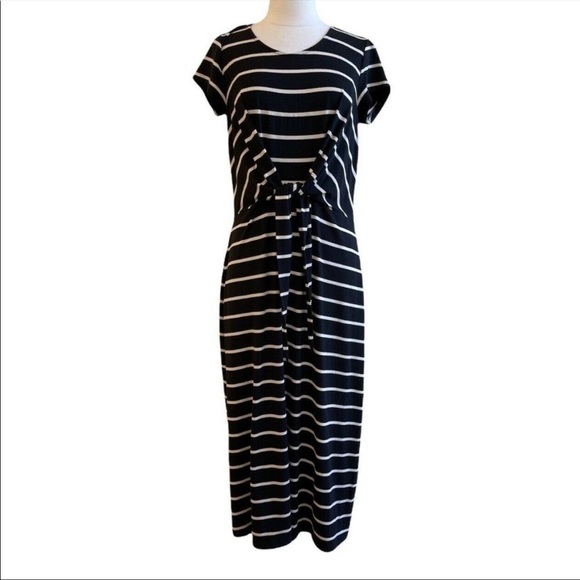 Garnet Hill Short Sleeved Tie Twist Striped Midi Dress - Picture 2 of 11